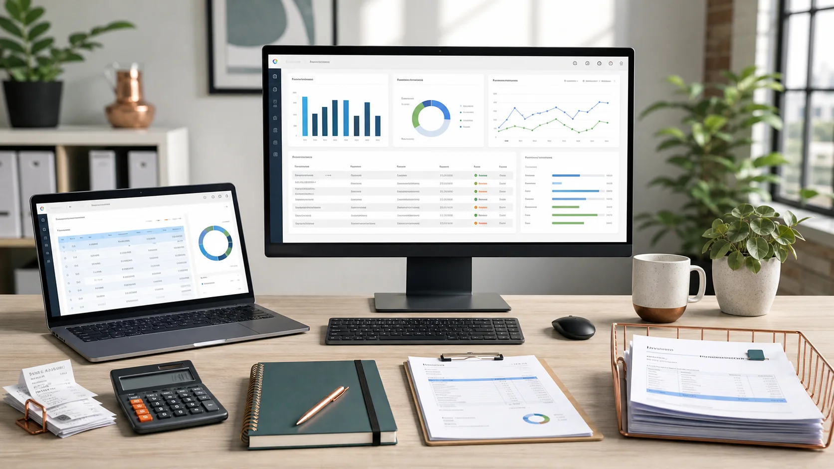 Small-business accounting workspace with financial dashboards, invoices, receipts, and a calculator