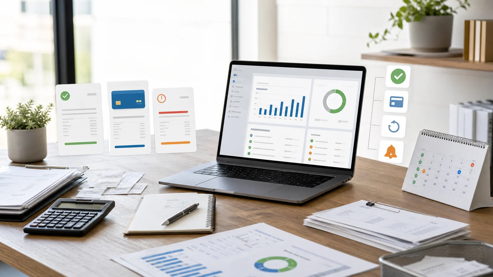 Small-business billing desk with invoices, payment status, reports, and calendar reminders